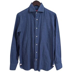 Isaia Napoli Blue Geometric Micro-Print Dress Shirt - Size 39 (15.5)